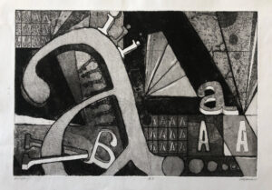 Artist Proof #3 of "All Right" an abstract typographic intaglio print, by AnnMarie Flamenco, exploring the A and I letterforms.